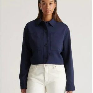 Quince Stretch Crepe Cropped Jacket Button Front Collared Navy Blue S NEW